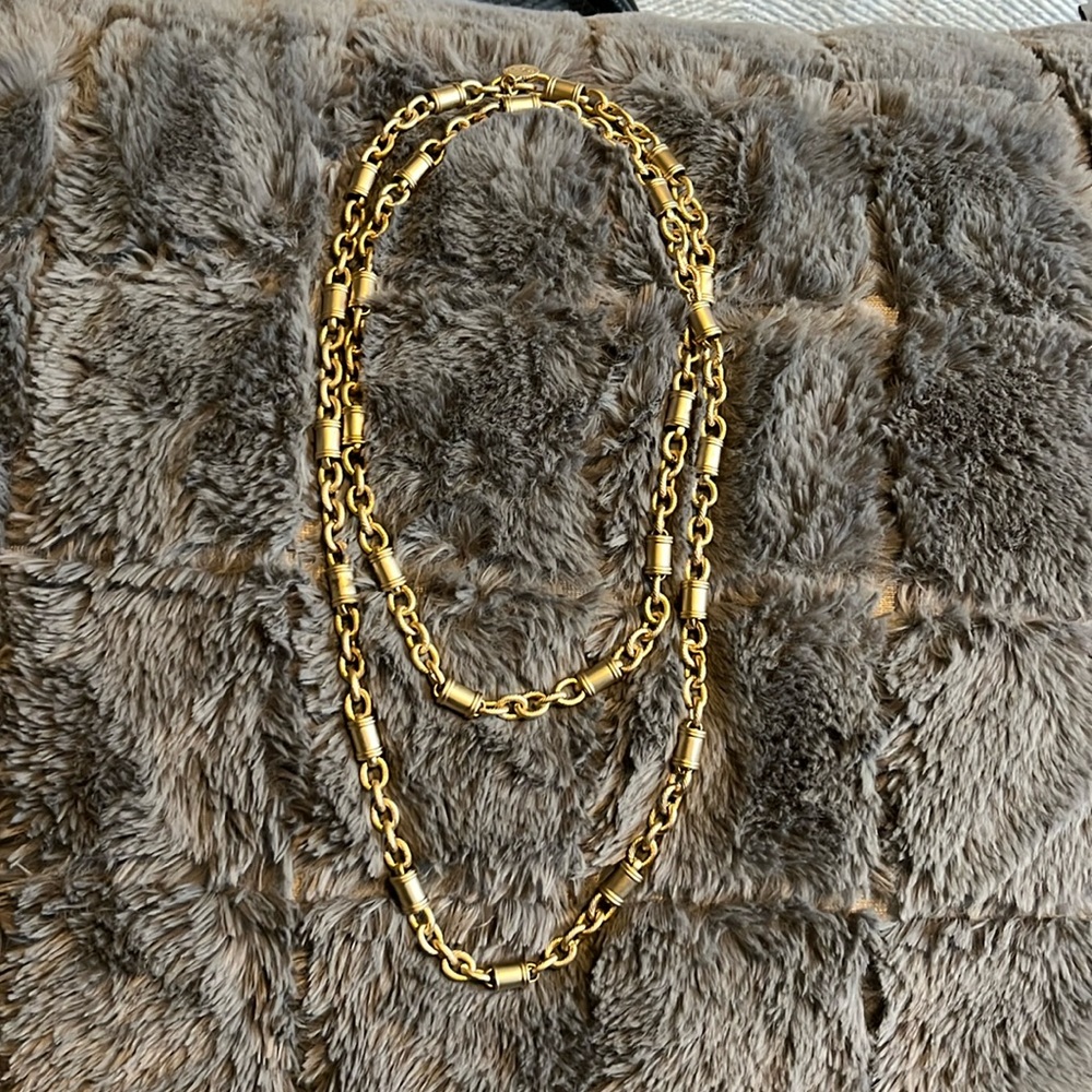 Eden necklace. Matte gold finish. 21” long. Can be doubled around neck.